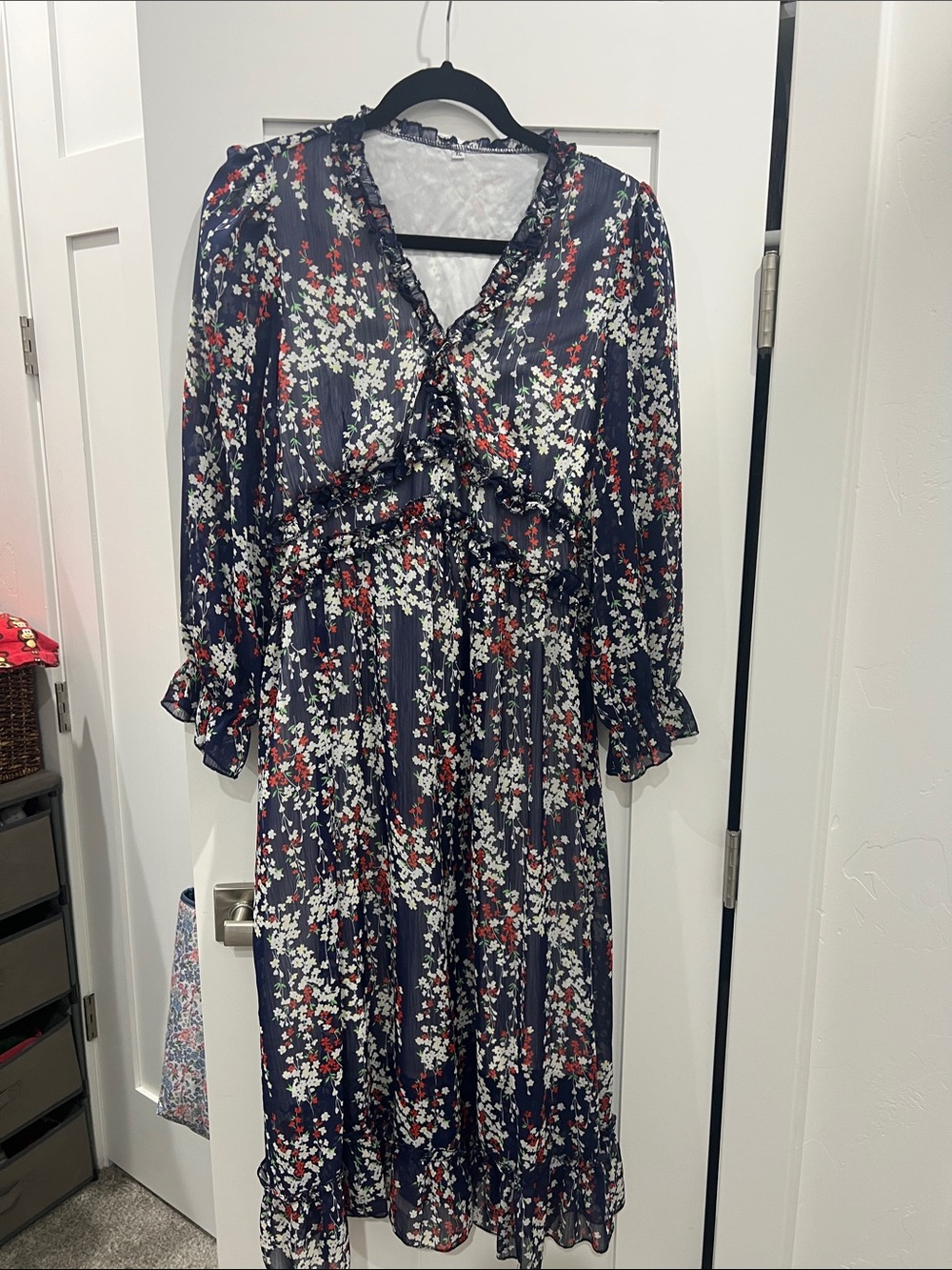 Amazon Essentials Navy Floral Ruffle Midi Dress